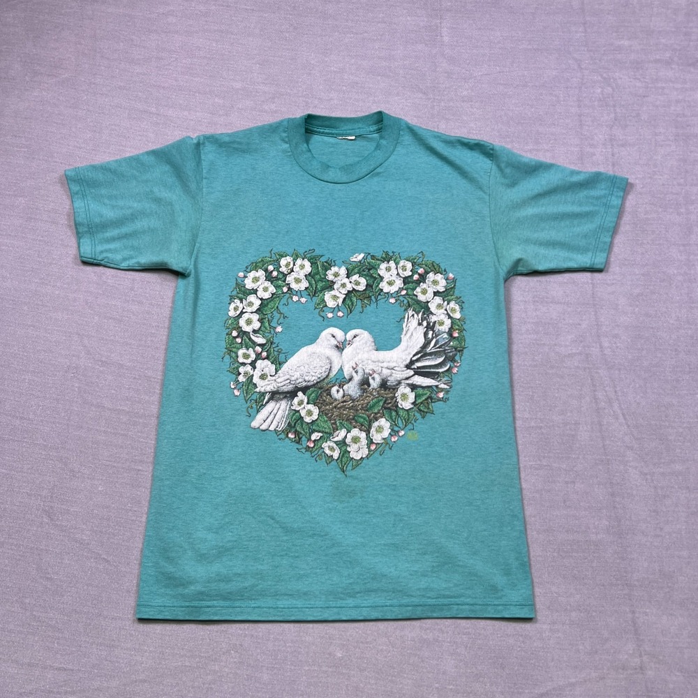 Vintage Unisex Teal Comfort Short Sleeve Love Doves Heart Floral Graphic T-Shirt